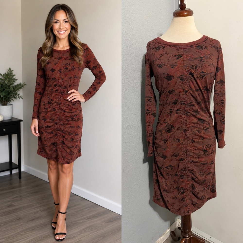 Cotton Blend Sandwich Dress S Brown Abstract Floral Ruched Long Sleeve Sheath